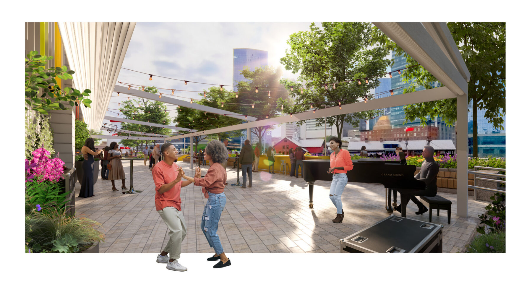 Rendered view of the three-season pavilion with people engaging