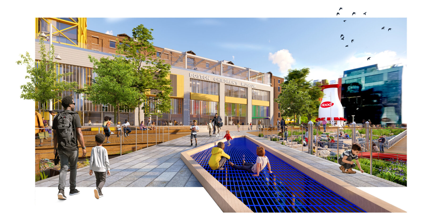 Rendered view of the Children's Wharf with water hammock and people engaging
