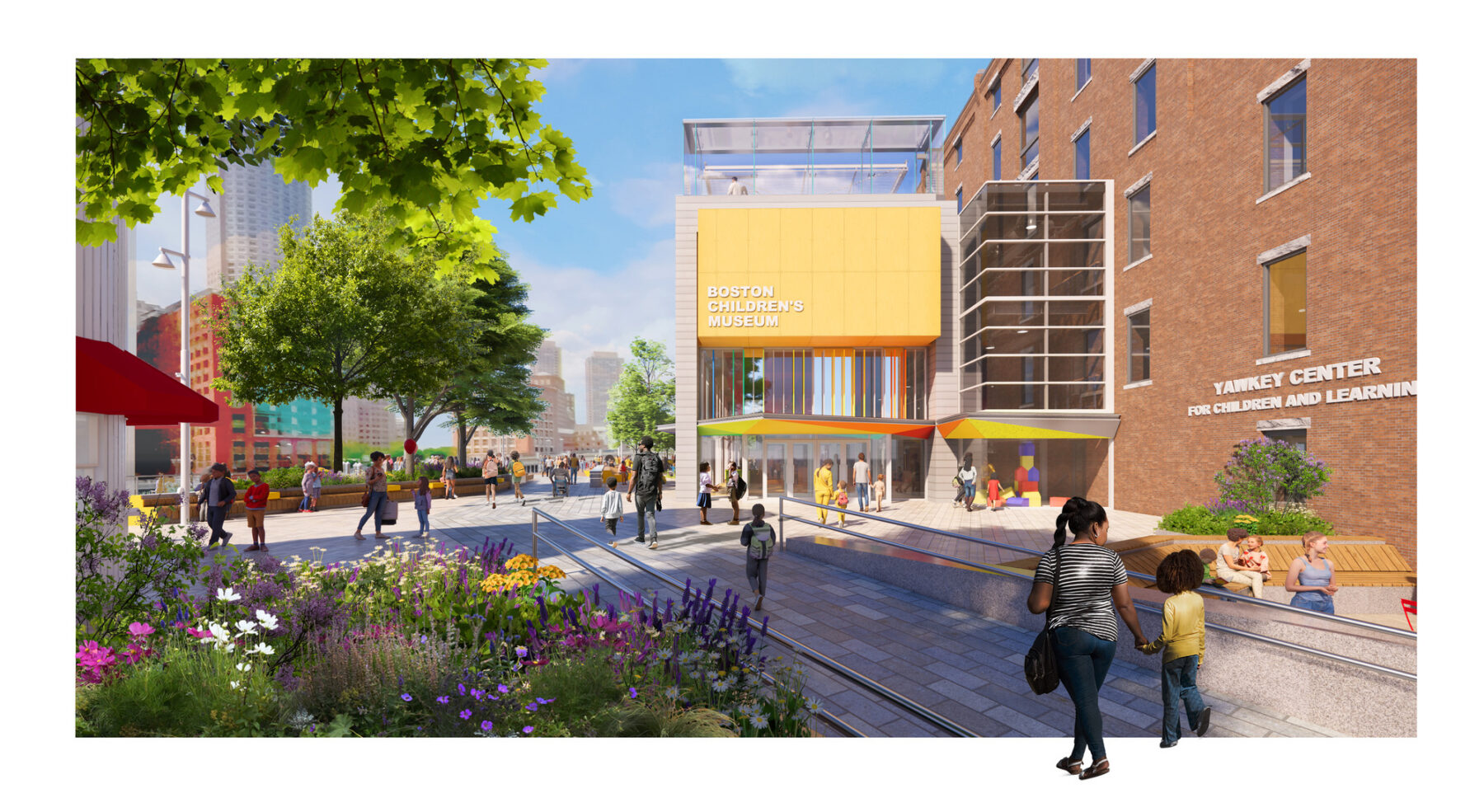 Rendered view of Boston Children's Museum's entrance through Congress Street