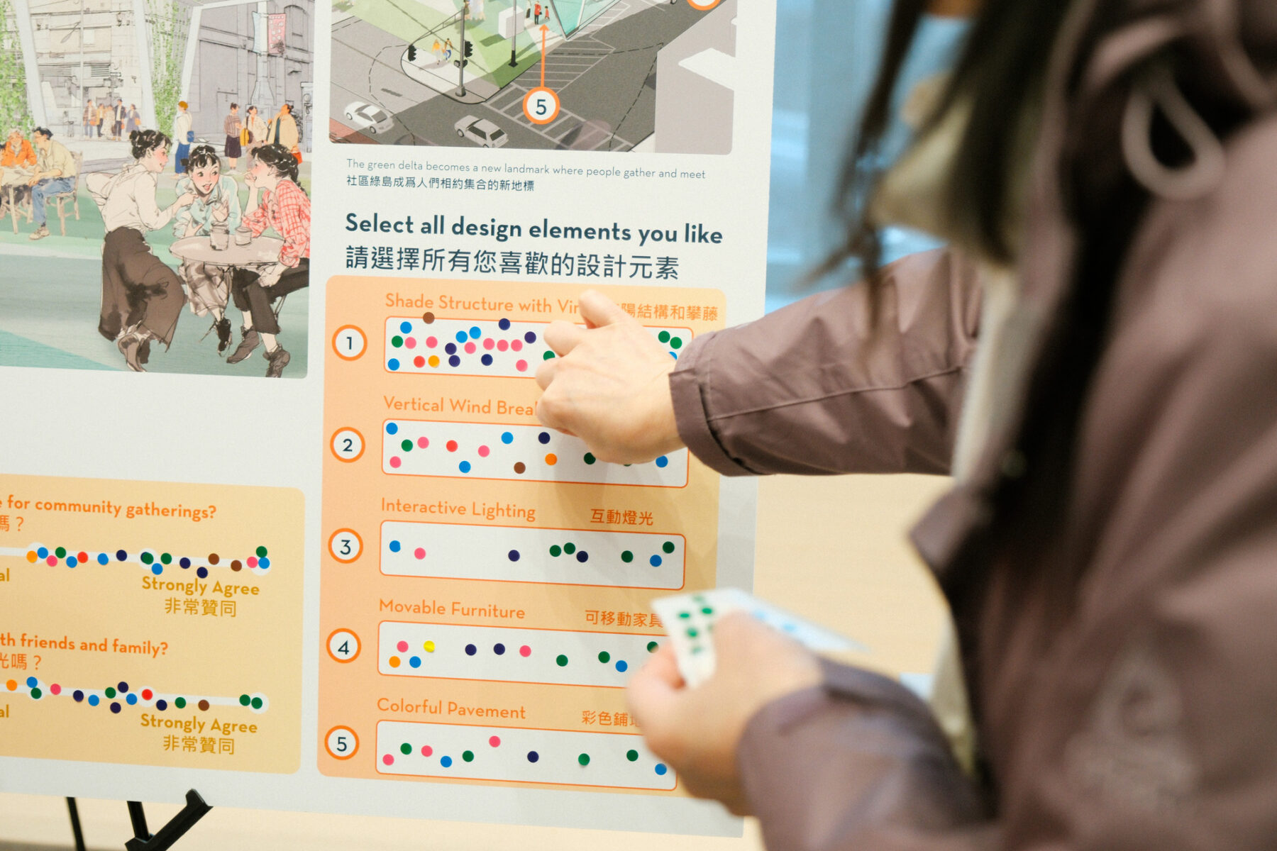 Close-up of a person placing a sticker on a board to vote for vertical wind breakers to be included as part of the design