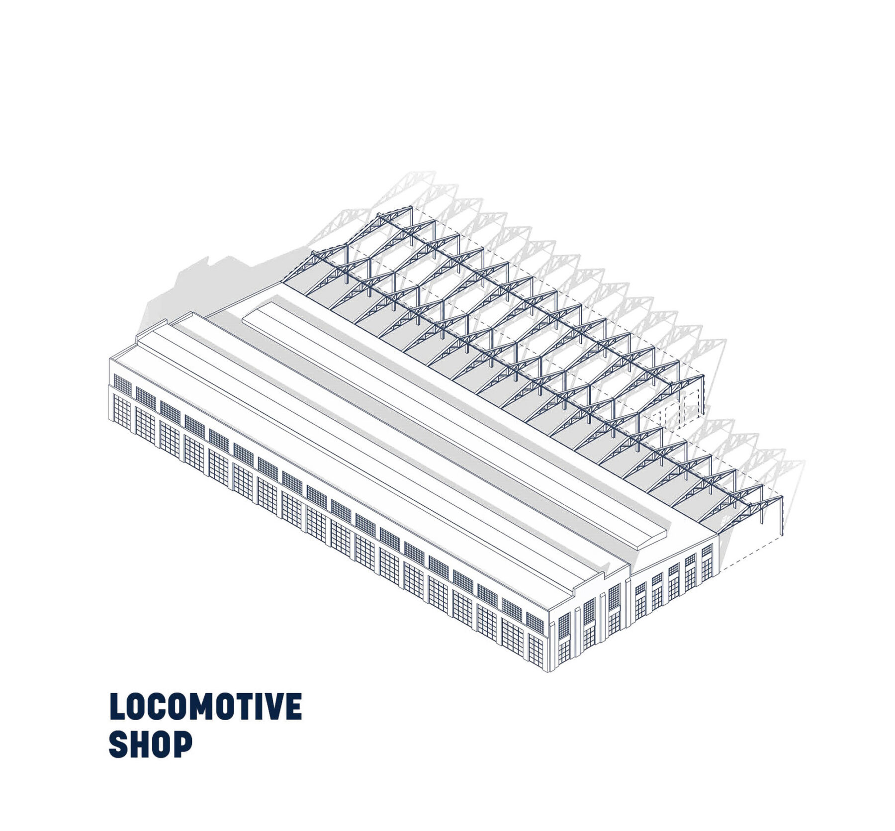 Axonometric drawing of the locomotive shop building