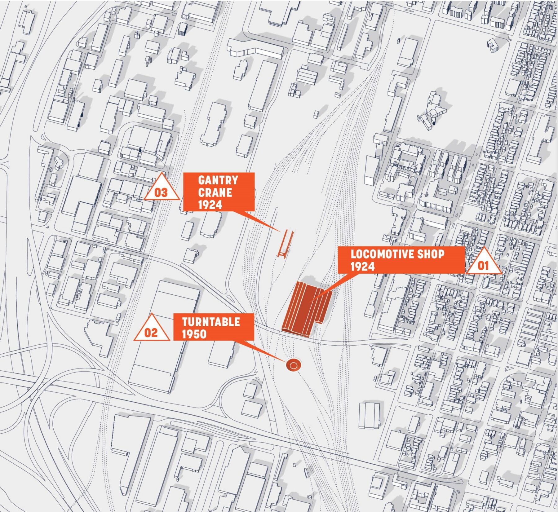 Diagrammatic Plan showing three preserved structures from historical locomotive shop