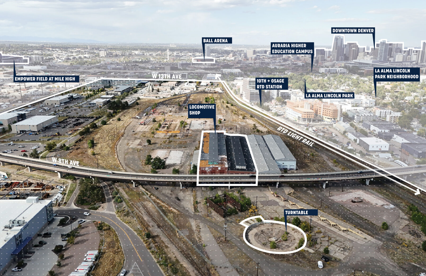 Aerial photo of current site condition with key locations labeled and outlined