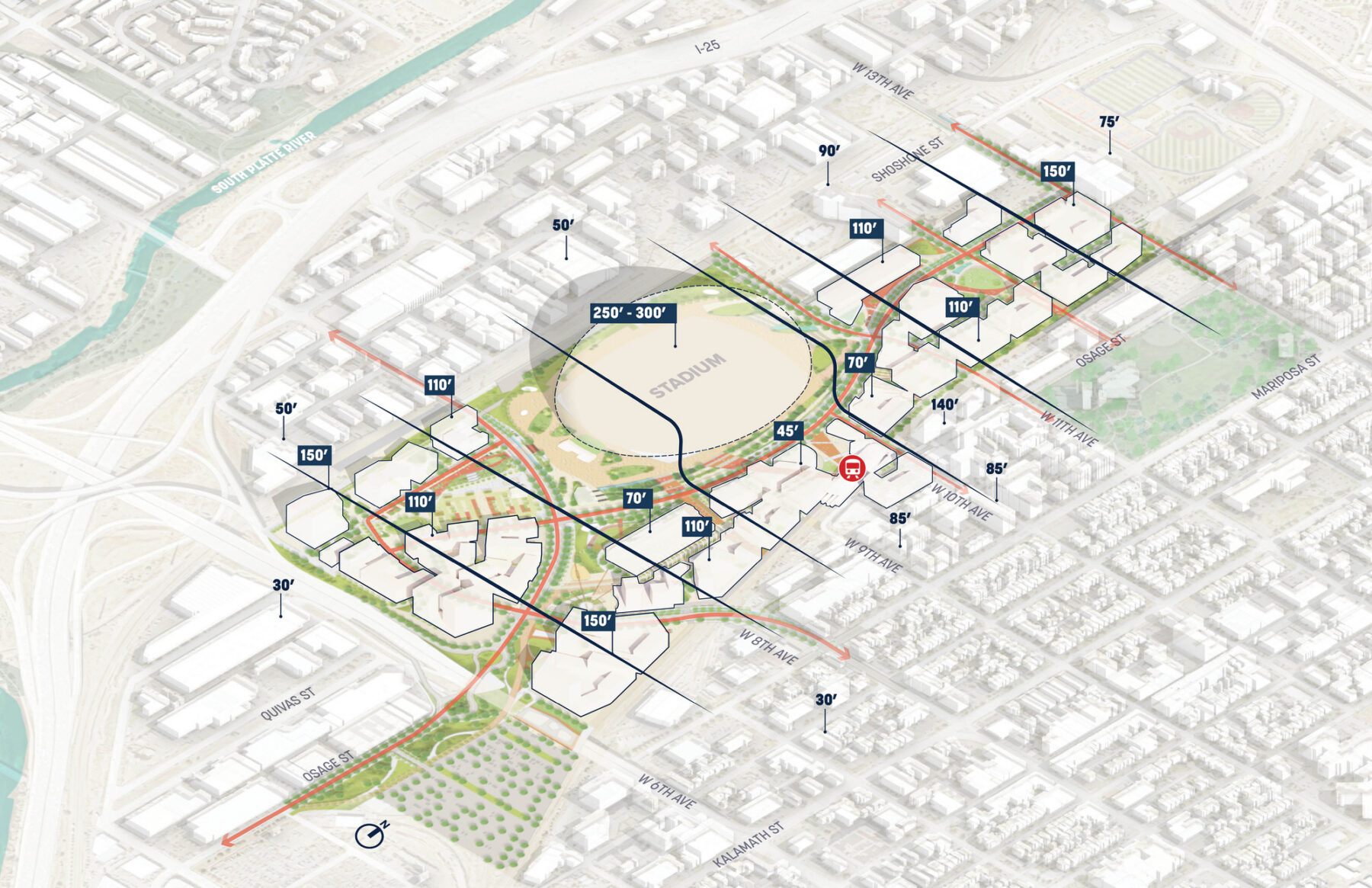 Axonometric, illustrative view of master plan labeling building heights in relation to surrounding neighborhood