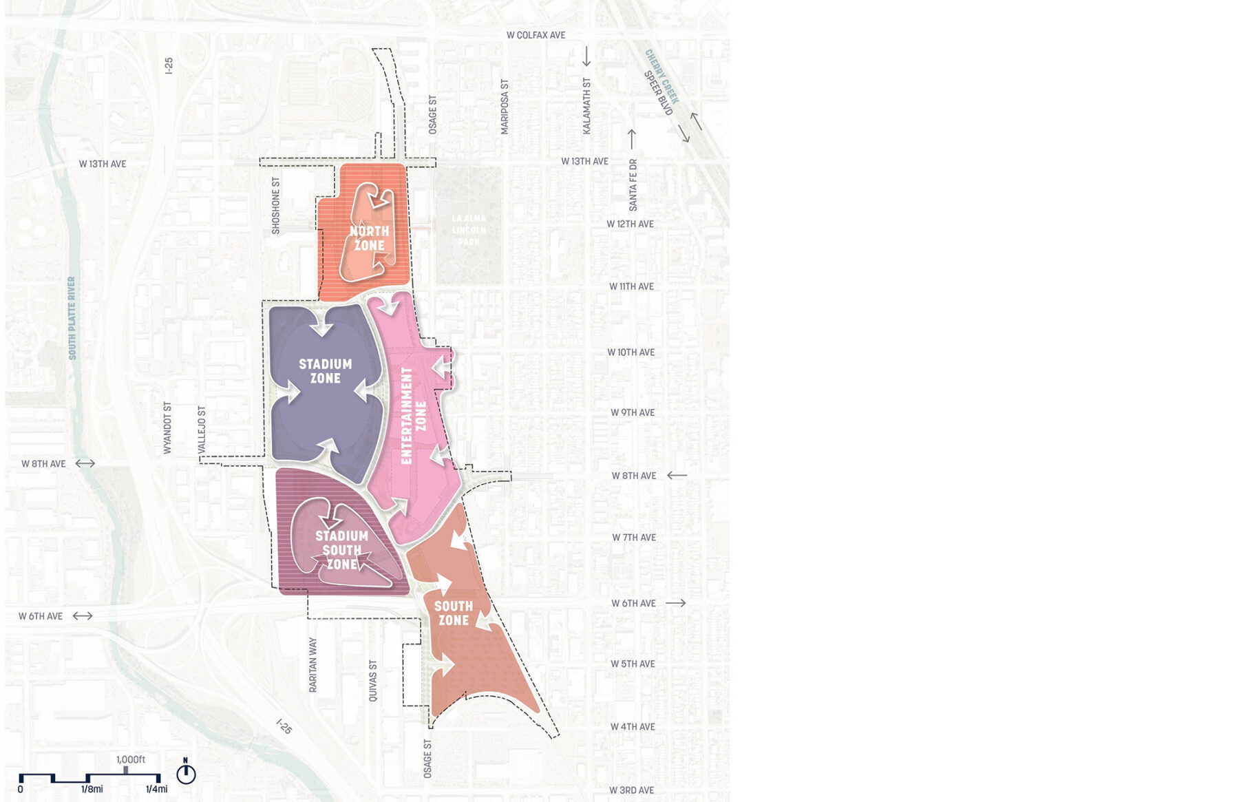 Diagrammatic Plan highlighting the five zones of the master plan design