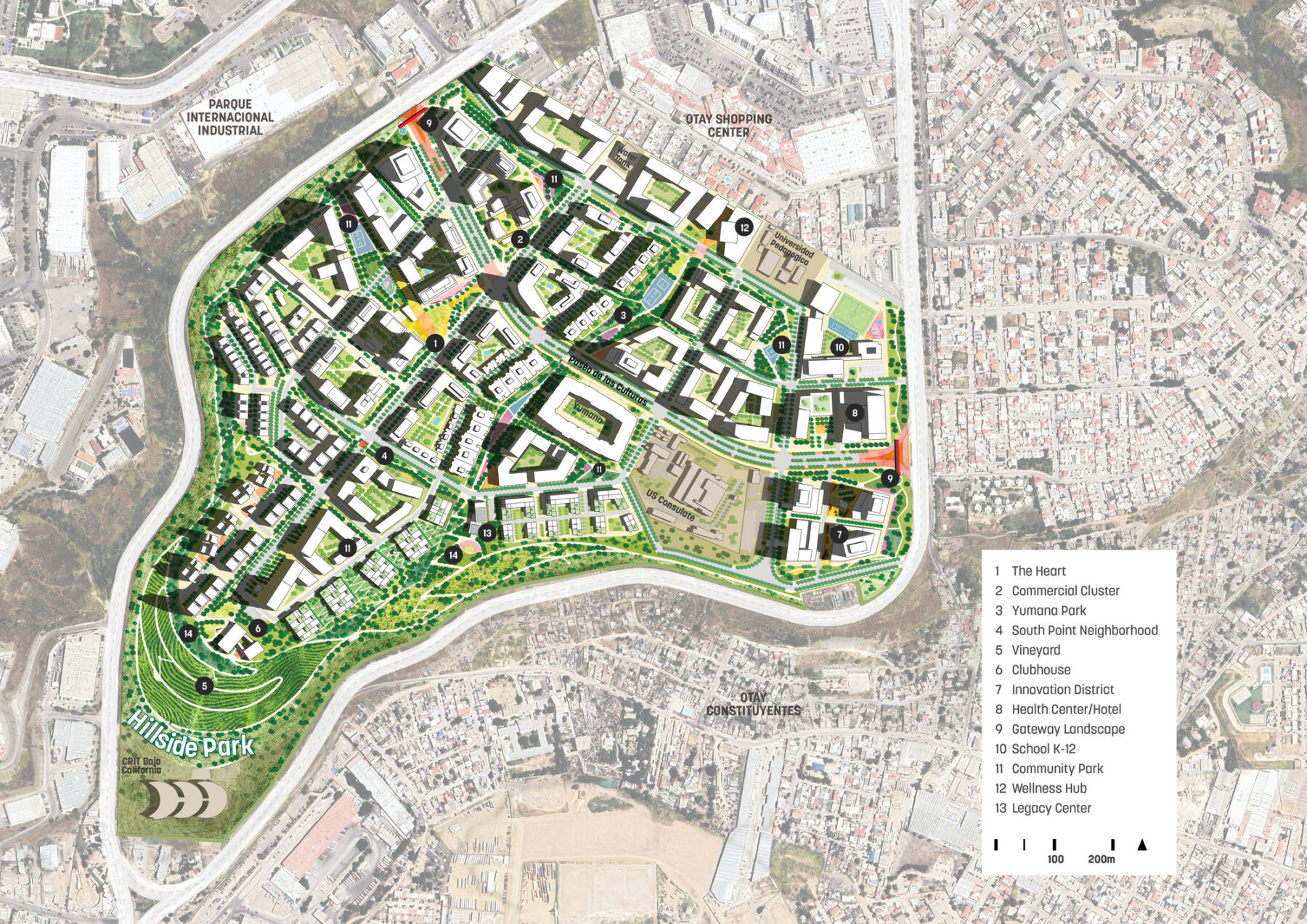 Site plan highlighting the Yumana site with saturated colors and keeping the context washed.