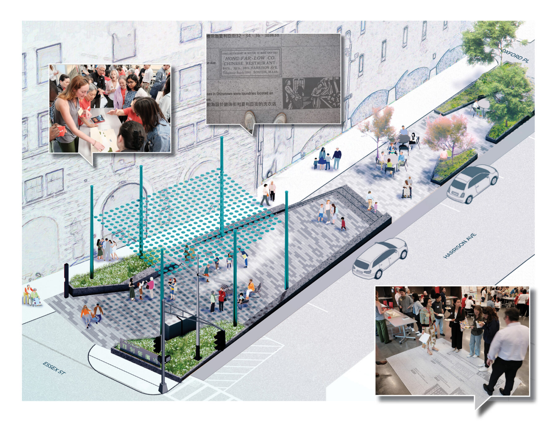 Rendered axon of the Phillips Square design with dialogue boxes hosting images of a community design charette