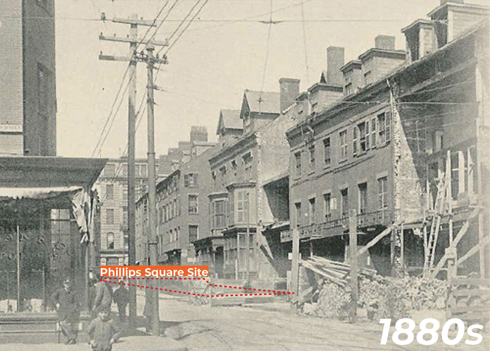 1880's sepia photo of Harrison Avenue with Phillips Square outlined in orange