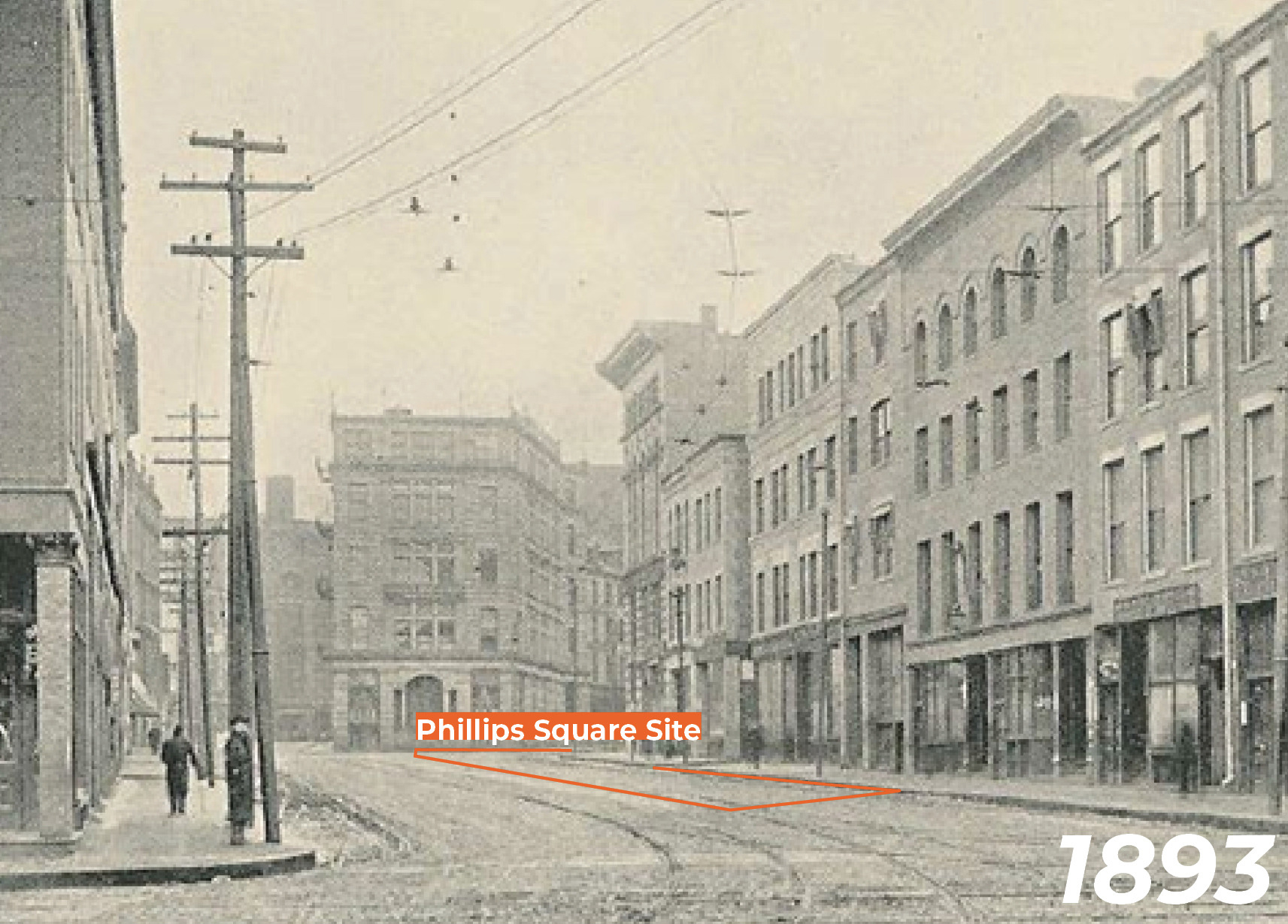 1893 sepia photo of Harrison Avenue with Phillips Square outlined in orange