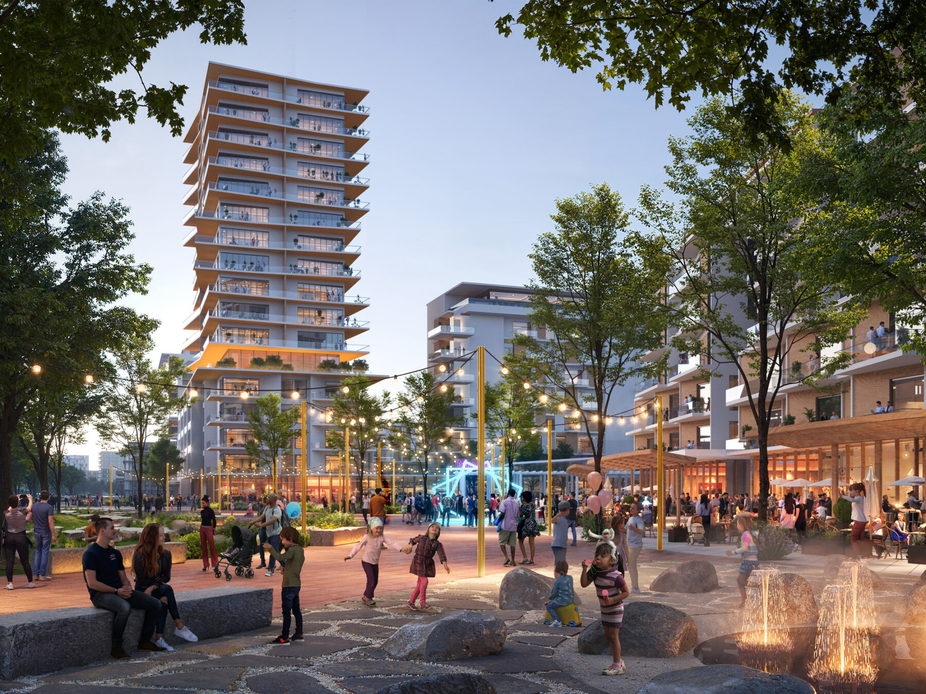 Rendered eye level view of a public plaza showing towers in the background representing new development and people engaging in an outdoor plaza in the foreground