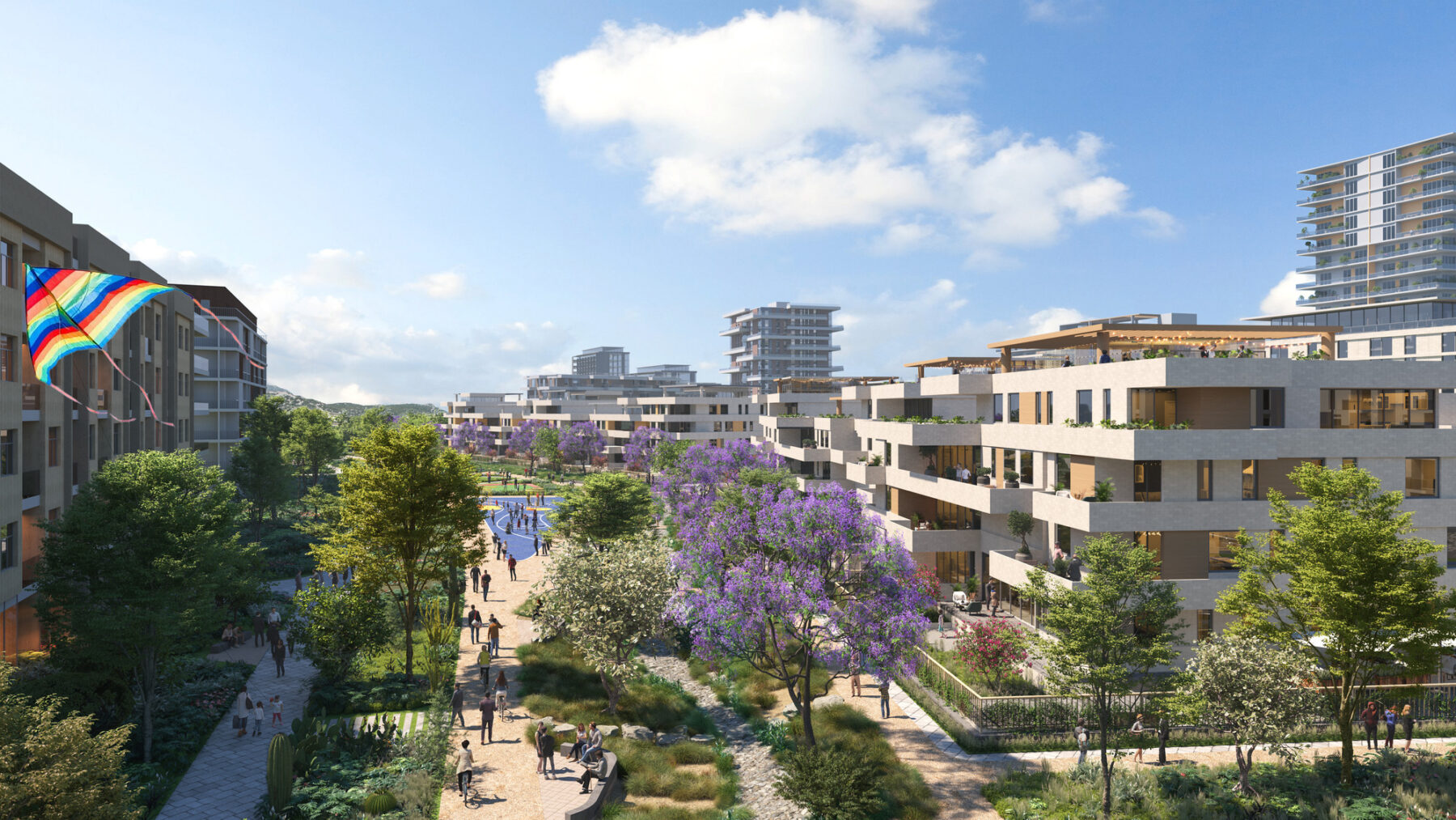 Aerial rendered view of the Yumana Park featuring jacarandas and residential development to the right