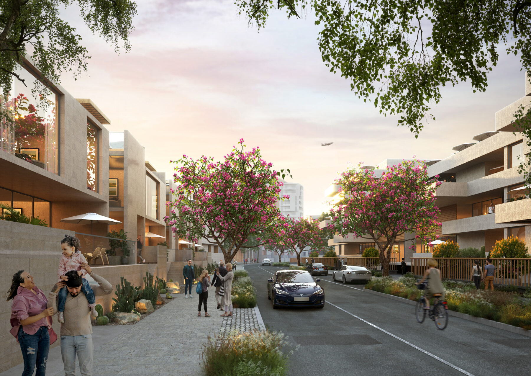 Rendered eye-level view of a residential street at dusk