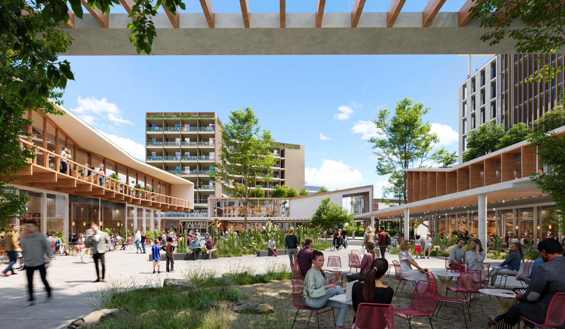Rendered eye level view of a commercial hub seen from under a pergola towards a organic central plaza and a tower in the background