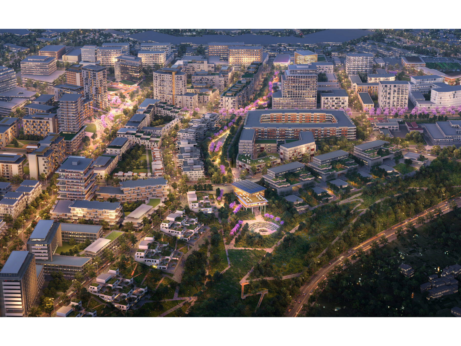 Aerial rendered view at dusk of the Yumana Park portion of the master plan