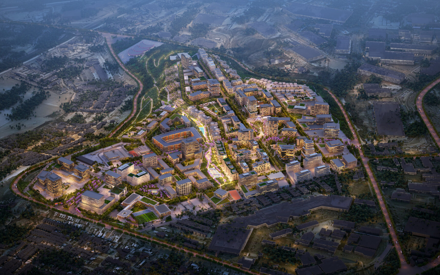 Aerial rendered view at nighttime of overall Yumana Urban District master plan