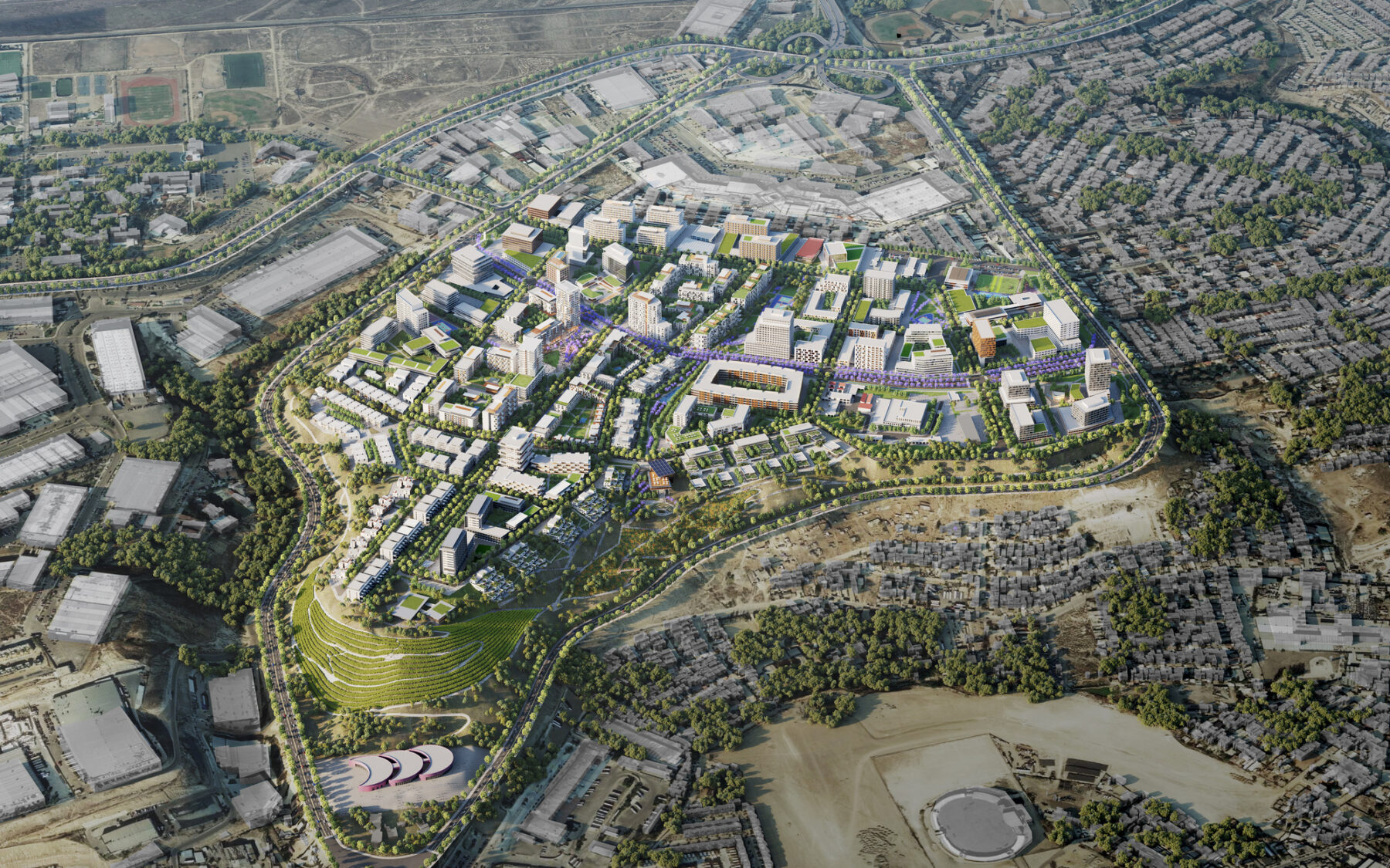 Aerial rendered view of overall Yumana Urban District master plan