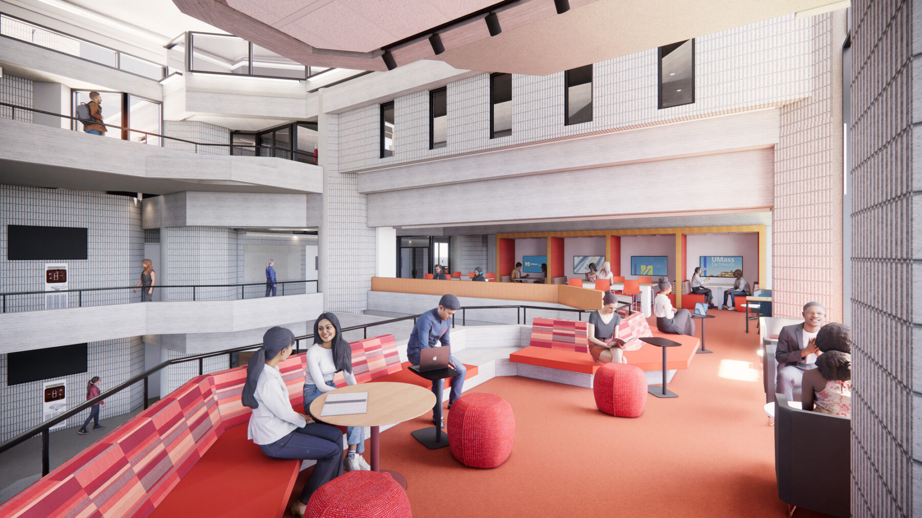 Rendering of students socializing in concrete atrium