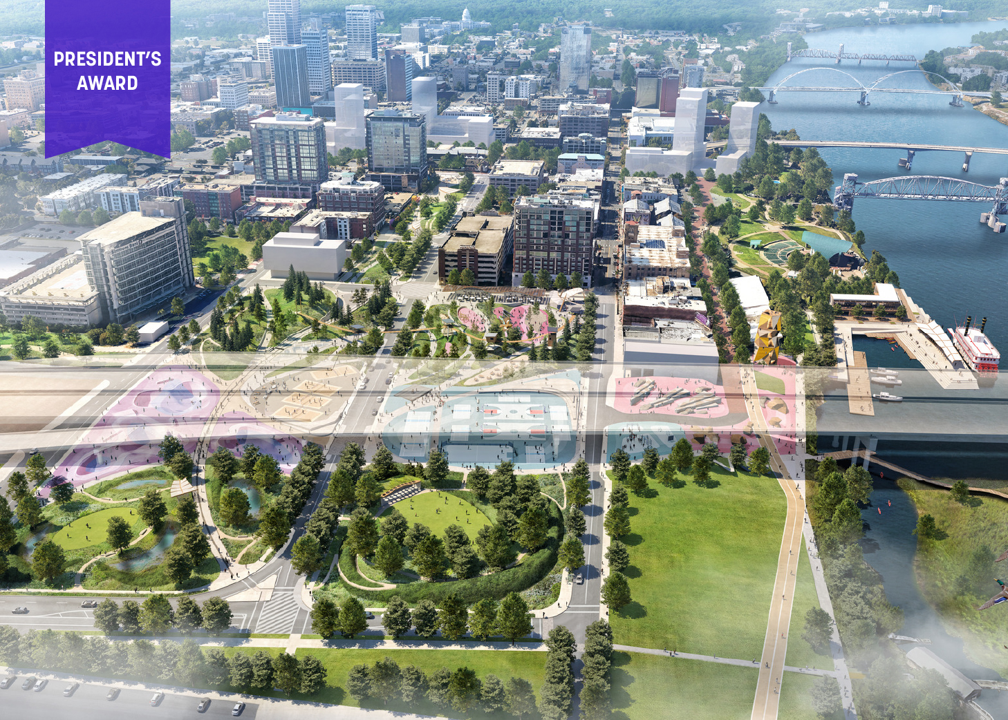 Rendering of park along river with highway running above it