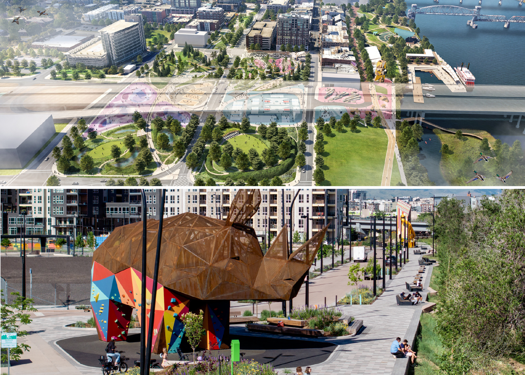 Rendering of park above photo of open space with rhino sculpture